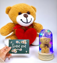 Muhteşem Hediye Seti Kalpli Sevimli Peluş Ayıcık, Senin İçin Kartı ve Renkli Led Işıklı Fanus (Model 6)