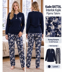 Angelina Kadın Düğmeli Yaka %100 Pamuk İnterlok Kışlık Pijama Takımı 10010 - 1 Adet