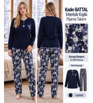 Angelina Kadın Düğmeli Yaka %100 Pamuk İnterlok Kışlık Pijama Takımı 10010 - 1 Adet