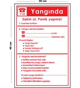Metal Yangında Yapılacaklar 30 cm x 40 cm A3 Büyüklüğünde Uyarı Levhası Yönlendirme Tabelası