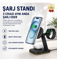 MagSafe 3-in-1 Manyetik Kablosuz Şarj İstasyonu 15W – iPhone, Apple Watch ve AirPods için Hızlı Wireless Charging Stand