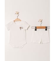 Jakarlı Nakışlı Çıtçıtlı Body Şort Takım (Ekru)