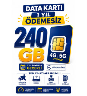 1 Yıllık Sim Kart 4G ve 5G Güvenlik Kamerası SIM Kartı 1 Yıl 240 GB Data Hattı Modem Araç İçi Kameralar İçin