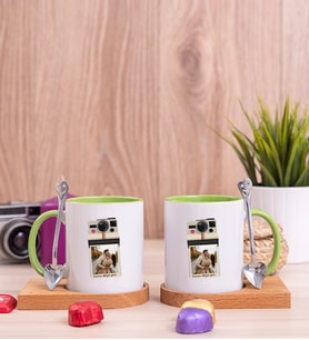 Kişye Özel Polaroid Tasarım Fotoğraflı İkili Ahşap Altlıklı Yeşil Kupa