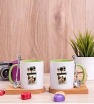 Kişye Özel Polaroid Tasarım Fotoğraflı İkili Ahşap Altlıklı Yeşil Kupa