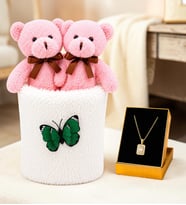 Peluş Saksıda Peluş Ayıcık Buketi ve Altın Kaplama Baget Montür Kolye Kadına Sevgiliye Arkadaşa Hediye