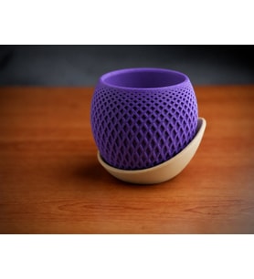 3D Baskı Küre Saksı - Kafes Dokulu İki Parçalı Dekoratif Saksı - Mor-Bej
