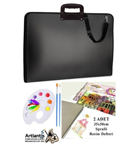 Resim Çantası 35x50 cm Resim Defteri Palet Fırça Seti 1 Paket Siyah Resim Proje Çantası Fermuarlı Kulplu 37x54 cm