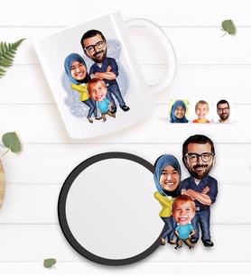 BK Gift Kişiye Özel Tesettürlü Aile Karikatürlü Beyaz Kupa ve Ahşap Bardak Altlığı Hediye Seti-1