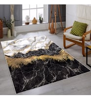 Siyah Gold Çizgili Mermer Desenli Yıkanabilir Kaymaz Taban Leke Tutmaz Modern Salon Halısı ve Yolluk