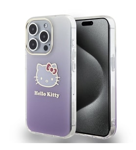 Apple iPhone 15 Pro Uyumlu Kılıf Hello Kitty Orjinal Lisanslı Yazı ve İkonik Logolu Elektroplating Kaplama Gradyan Kapak (Mor)