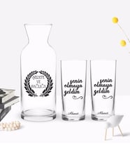 BK Gift Kişiye Özel Renkli Baskılı Senin Olmaya Geldim Tasarımlı İkili Rakı Bardağı ve Karaf Hediye Seti-1 (Model 1)