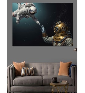 Dalgıç Ve Astronotun El Teması  İllüstrasyonu Dekoratif Kanvas - Mdf Ahşap Tablo