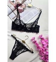 Siyah Tül İşlemeli Bralet ve String Külot Takımı
