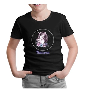 Unicorn Çiçek Anneler Günü Siyah Çocuk Tshirt