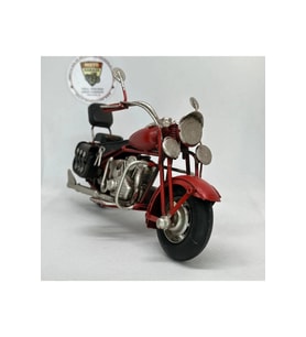 El Yapımı Kırmızı Chopper/Cruiser Metal Motosiklet Biblosu – Siyah Yan Çantalı &amp; Sissy Barlı