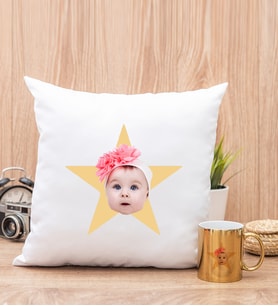 Kişiye Özel Pembe Yıldız Kafa Fotoğraflı Kare Yastık ve Gold Kupa