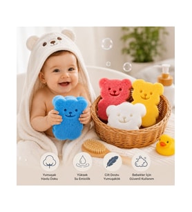 Bebek Ayıcık Figürlü Bebek Banyo Süngeri 4’lü Renkli Yumuşak Banyo Lifi