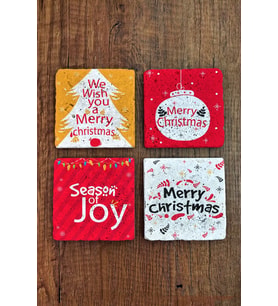 Doğal Taş Bardak Altlığı 4'lü Set 10x10x1 cm Yılbaşı, Yeni Yıl, Merry Christimas-Stone Coasters
