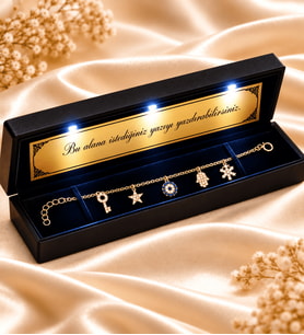 925 Ayar Gümüş Kadın Bileklik Gold Şans Modeli Kişiye Özel Yazılı Premium Işıklı Kutulu