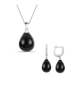 925 Ayar Gümüş Damla Model Kolye Küpe Oniks Taşlı Set