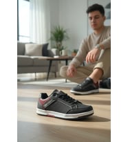 Enoch Erkek Günlük Spor Ayakkabı Siyah Sneaker Bordo Detaylı Perfore ve Dikişli Model