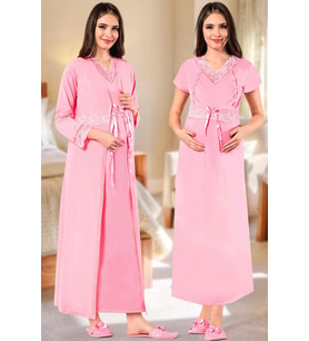 Kırmızı Hayal Sepeti JNK-26720 Sabahlıklı 2 Parça Lohusa - Hamile Gecelik Takım (Pembe)