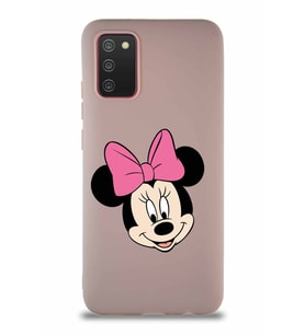 Samsung Galaxy A02S Soft Premier Kapak Minnie Mouse-C Tasarımlı Silikon Kılıf - Pudra (Şeffaf)