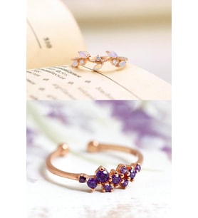 Taşlı Sarmaşık ve Mor Taneli 2li Set 14 K Rose Altın Kaplama Yüzük