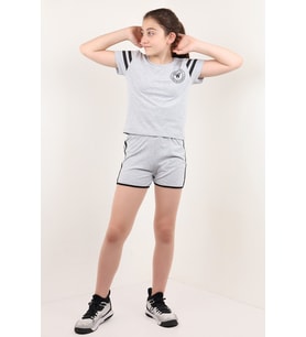 Toontoy Kız Çocuk Baskılı Şortlu Takım ( Gri-Melanj)