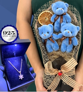 Büyük Boy Peluş Ayıcık Buketi ve Işıklı Kutusunda 925 Ayar Gümüş Lotus Kolye (Model 3)