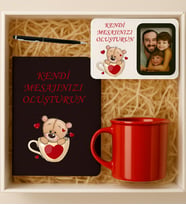 Kişiye özel mesajlı ayıcıklı ajanda fincan kalem kişiye özel mesajlı çerçeve-kırmızı (Kırmızı)