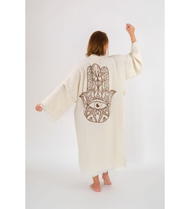 Müslin Kimono %100 Pamuklu Fatma Ana Eli Baskılı Desenli Bornoz Kaftan Sabahlık (Ekru)