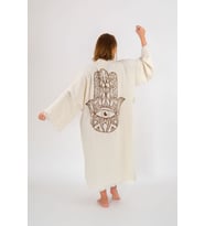 Müslin Kimono %100 Pamuklu Fatma Ana Eli Baskılı Desenli Bornoz Kaftan Sabahlık (Ekru)