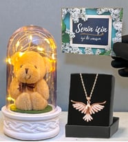 Led Işıklı Fanus ve Zümrüdü Anka Kuşu Kolye Hediye Seti (Model 6)