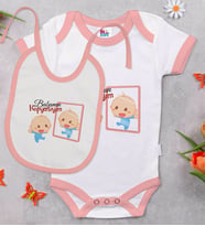 BK Kids Babamın Kopyasıyım Tasarımlı Pembe Bebek Body Zıbın ve Mama Önlüğü Hediye Seti-1
