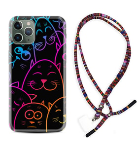 Apple iPhone 11 12 13 14 Pro Max Kılıf Boyun Asklı Rasta Silikon Neon Cats 1790