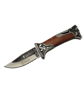 A3188-2 Geyik Desenli Outdoor Çakı 23 Cm - İşlemeli Ahşap Saplı, Perçinli, Deri Kılıflı