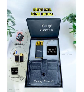 Kişiye Özel İsimli Çift Ateşli Lüks Çakmak & Kartlık & Anahtarlık 3 Lü Hediye Set Özel İsimli Kutulu