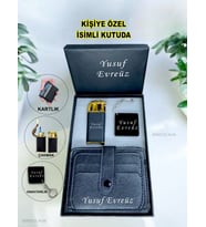 Kişiye Özel İsimli Çift Ateşli Lüks Çakmak & Kartlık & Anahtarlık 3 Lü Hediye Set Özel İsimli Kutulu