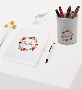 BK Gift Kişiye Özel Çiçek Tasarımlı Beyaz Defter Kalem ve Kalemlik Hediye Seti - Model 19