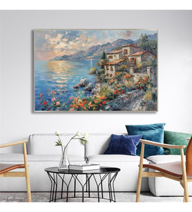 Yağlı Boya Dokulu Tablo Modern Spatula Akdeniz Evleri Manzarası Gümüş Çerçeveli U06041