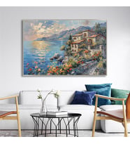 Yağlı Boya Dokulu Tablo Modern Spatula Akdeniz Evleri Manzarası Gümüş Çerçeveli U06041