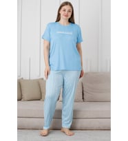 Mirano 3503 Çizgili Pijamalı Kısa Kollu Büyük Beden Pegasus Kumaş Kadın Pijama Takımı