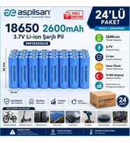 Aspilsan 18650 2600mAh 3.7V Li-ion Şarjlı Pil 24'lü Paket INR18650A28 Orijinal Lityum İyon Batarya E-Bisiklet, Scooter, UPS, Solar ve Powerbank İçin