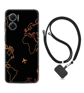 Xiaomi Redmi Note 11E Kılıf Silikon Boyun Askılı İpli Desenli Silikon Harita ve Uçak 1777