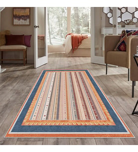 Vizon Kilim Desenli Mavi çerçeve Yıkanabilir Kaymaz Taban Leke Tutmaz Modern Salon Halısı ve Yolluk (Turuncu)