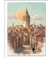 Galata Kulesi İstanbul Gün Batımı Dekoratif Kanvas - Mdf Ahşap Tablo