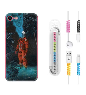 Apple iPhone 5 6 7 8 Plus Se XR Kılıf Kablo Koruma Spiral Silikon Astronot Smoke 1769