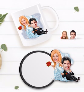 BK Gift Kişiye Özel Evleniyoruz Karikatürlü Beyaz Kupa ve Ahşap Bardak Altlığı Hediye Seti-2